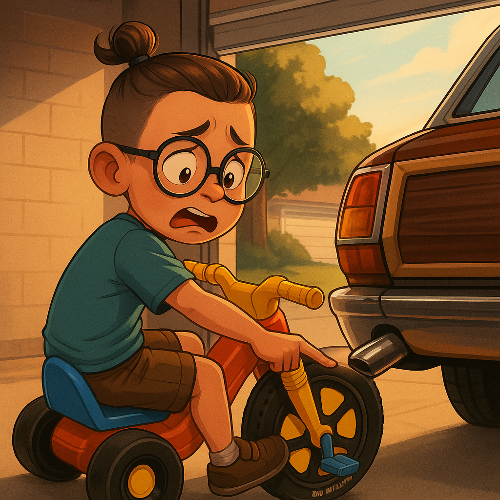 Kid on a plastic trike reaching toward a hot exhaust pipe on a station wagon