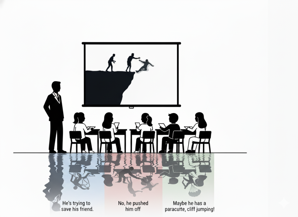Minimalist illustration of a human silhouette facing a reflective surface filled with fragmented headlines, puzzle pieces, and files. The reflection below the surface appears distorted, symbolizing how perception and awareness are shaped by bias and external noise.