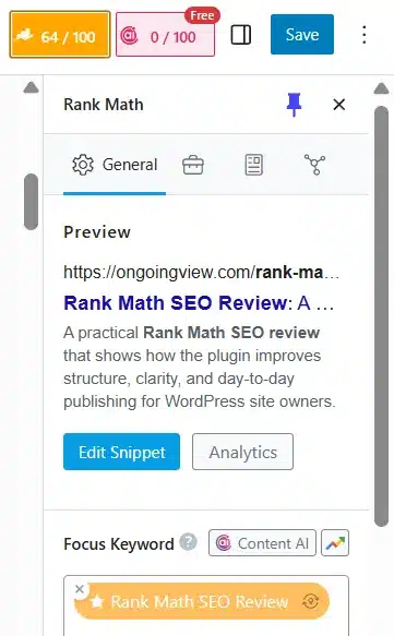 Rank Math SEO content score indicator in the WordPress sidebar